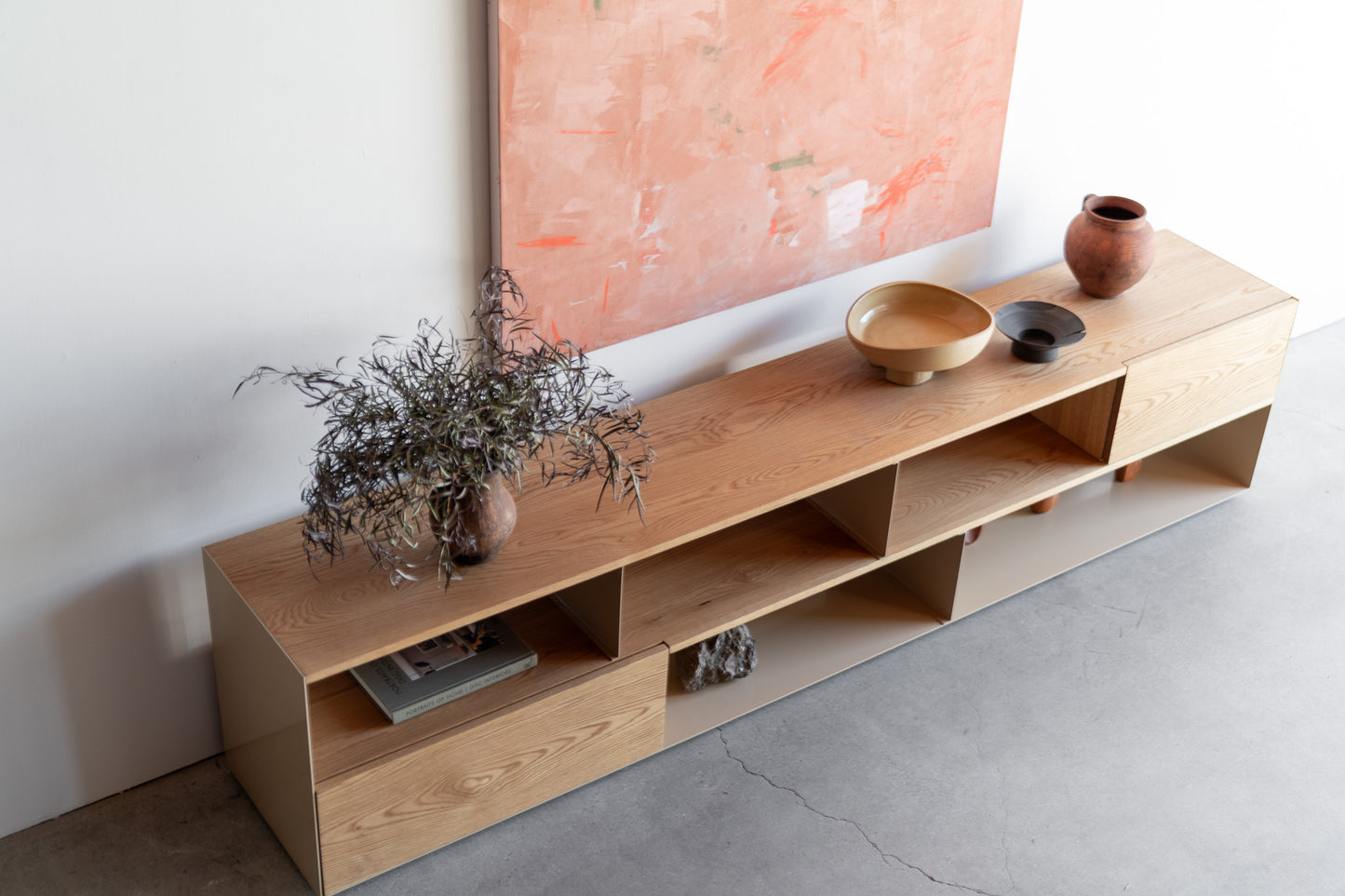 Top shot of wood and metal bookcase 