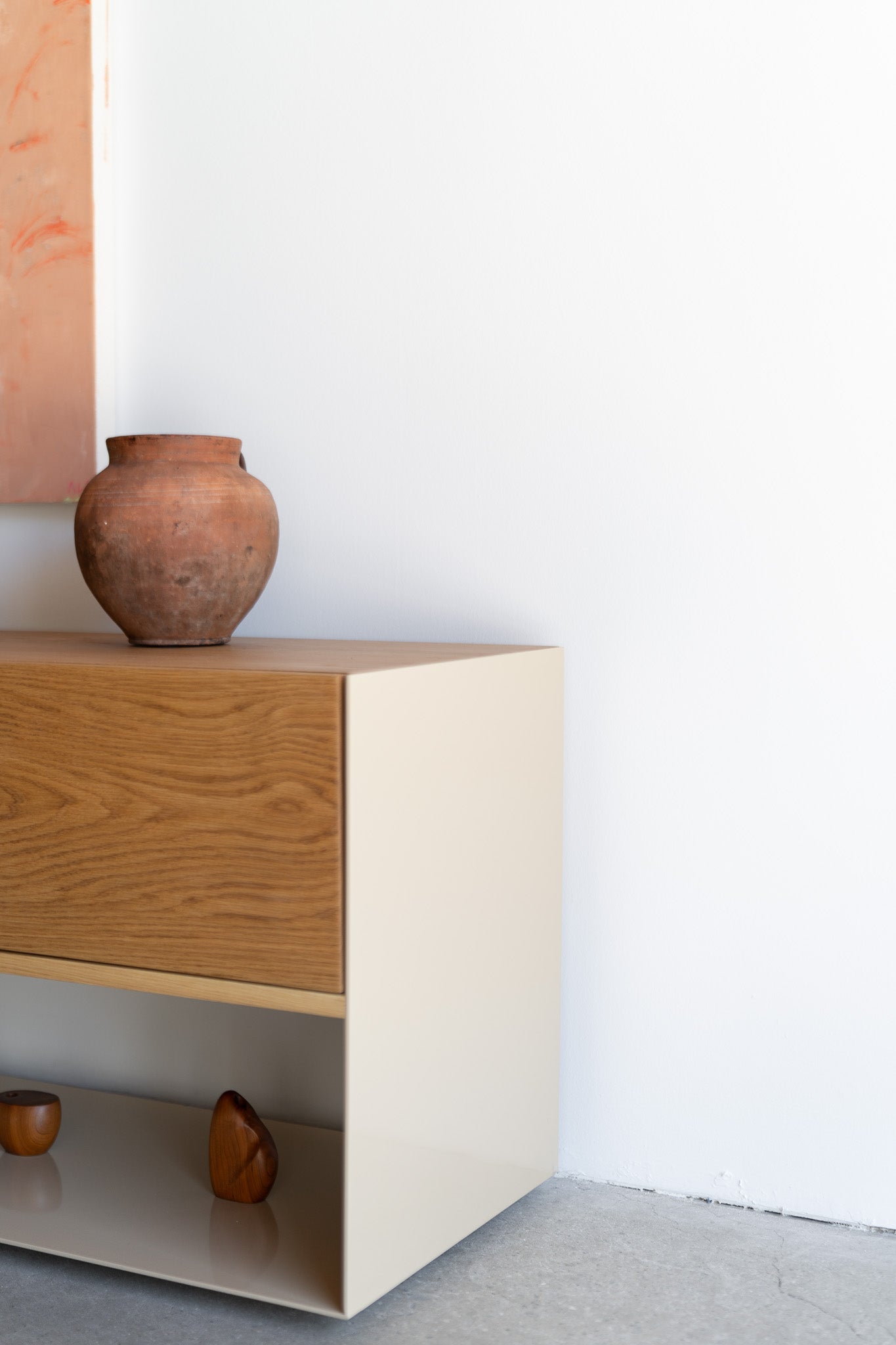 side shot of wood and metal bookcase