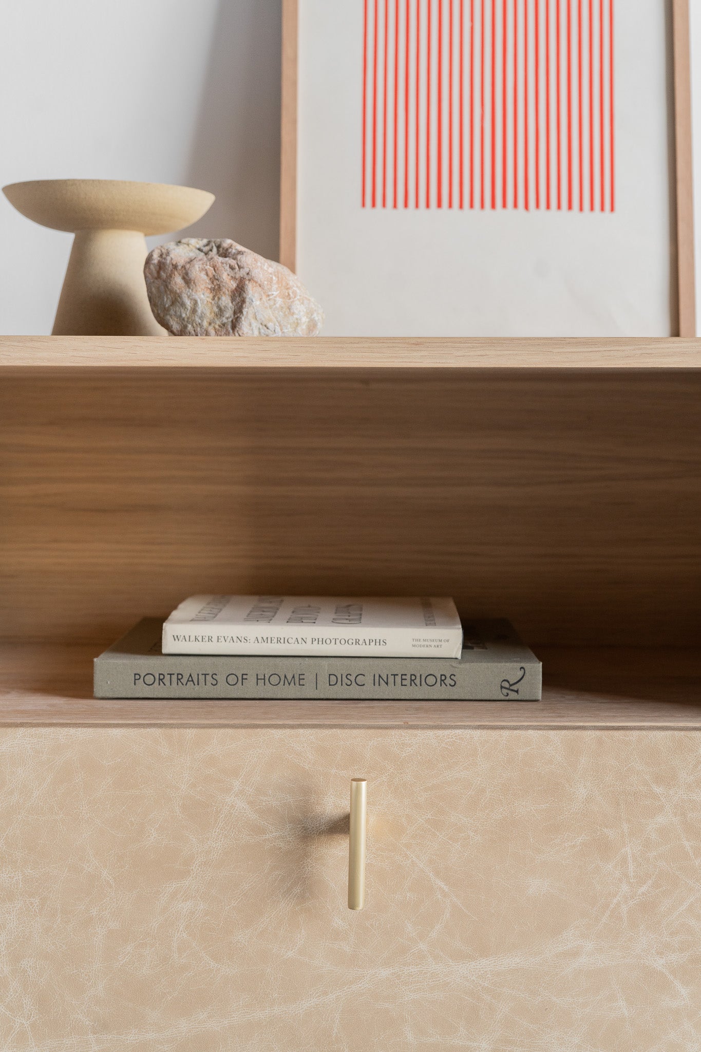 Faria nightstand -  close up on leather drawer and golden handle detail 