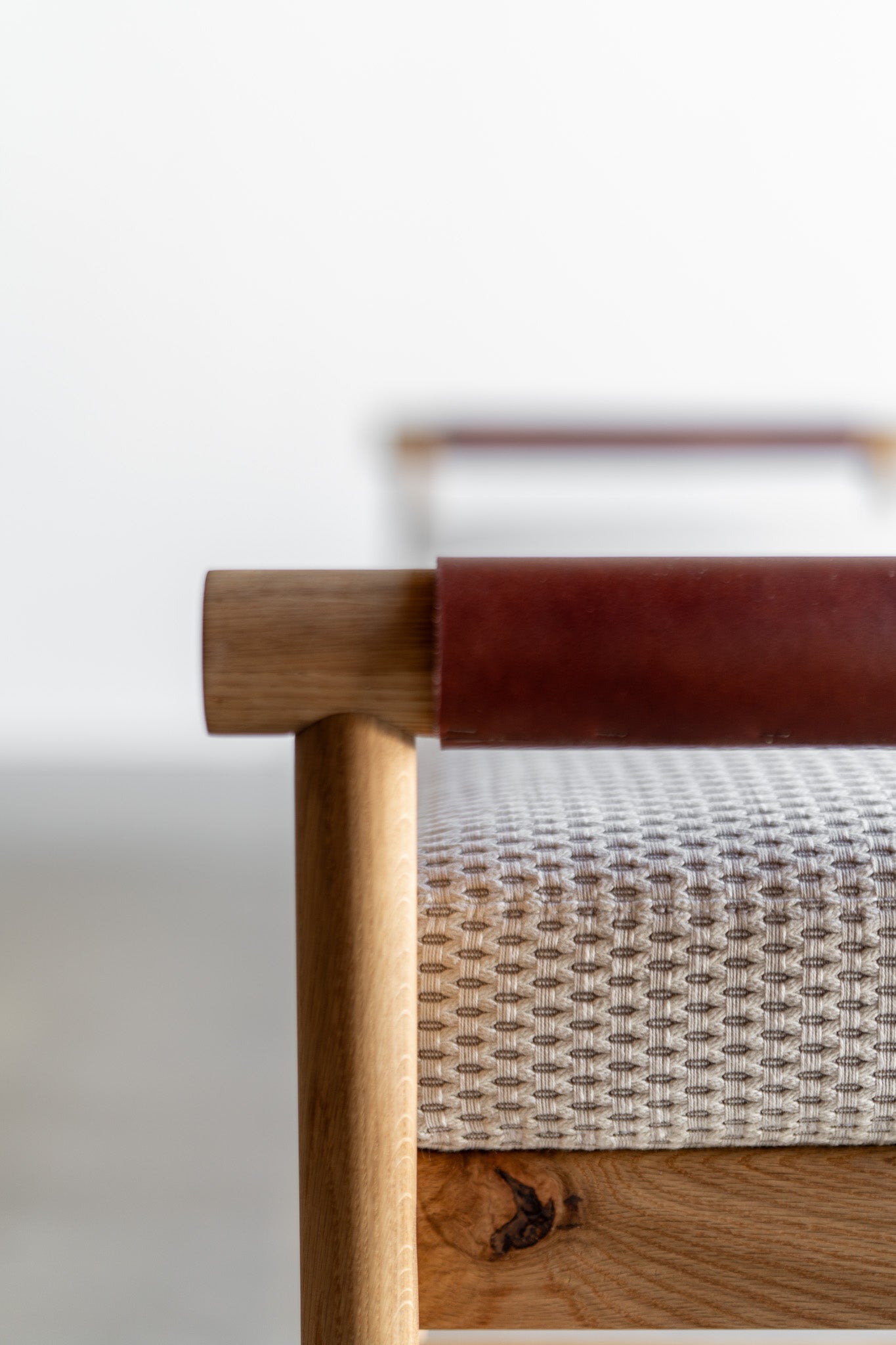 Close up bench with leather detail 