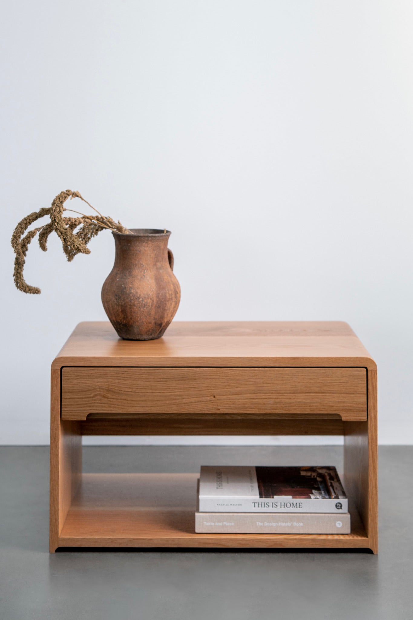 Carter Nightstand - Oak nightstand dull shot, styled