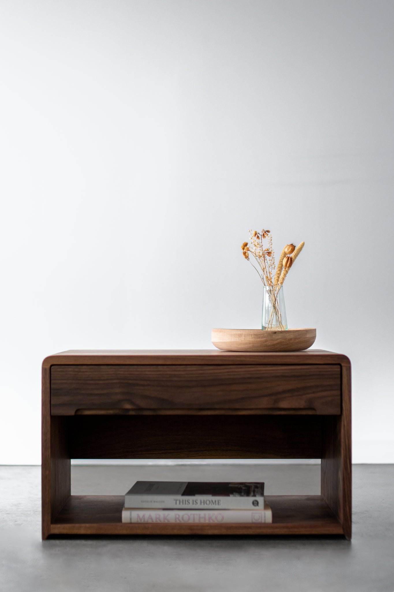 Carter nightstand- walnut nightstand full shot, styled