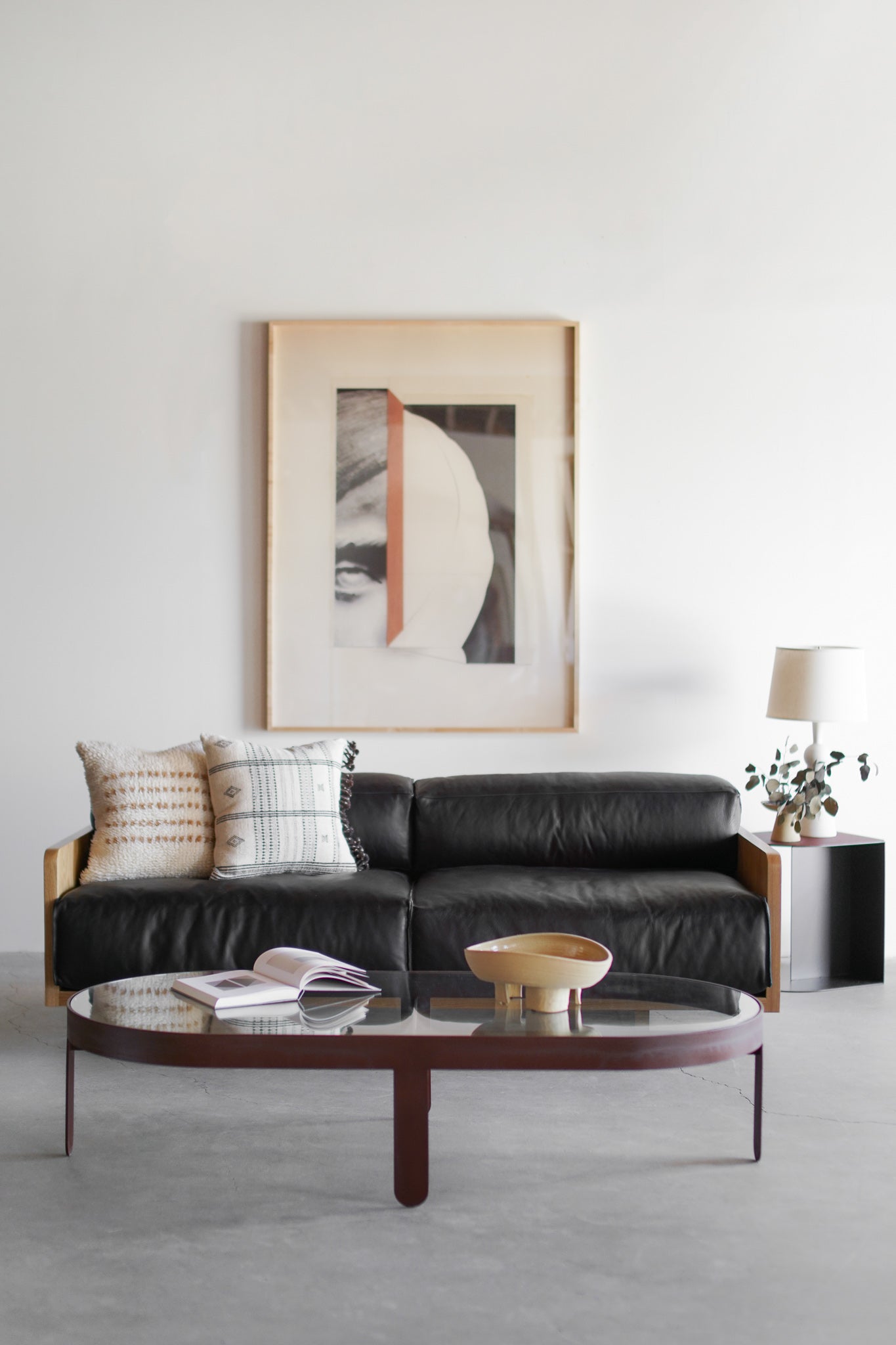 Carter sofa Black leather - Full shot, styled 