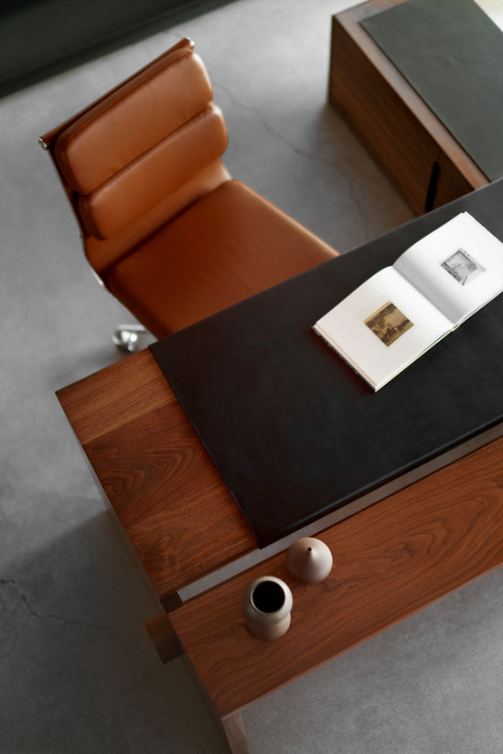 Carter desk - top shot with black leather 