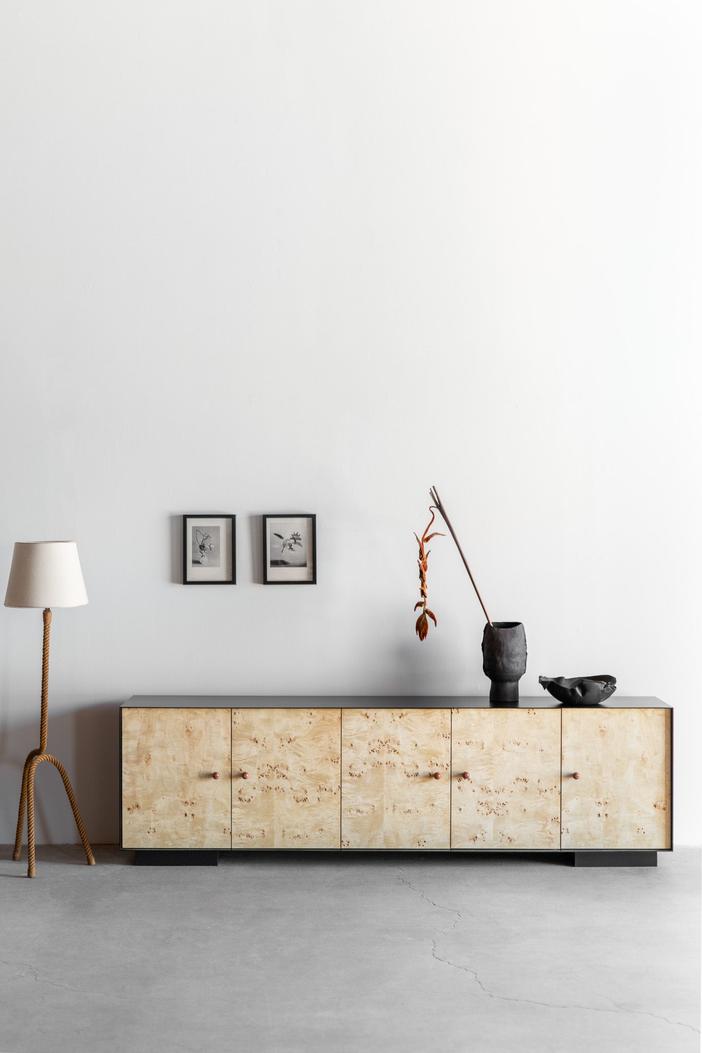 Solano credenza- Steel casing, burl doors with birch interiors