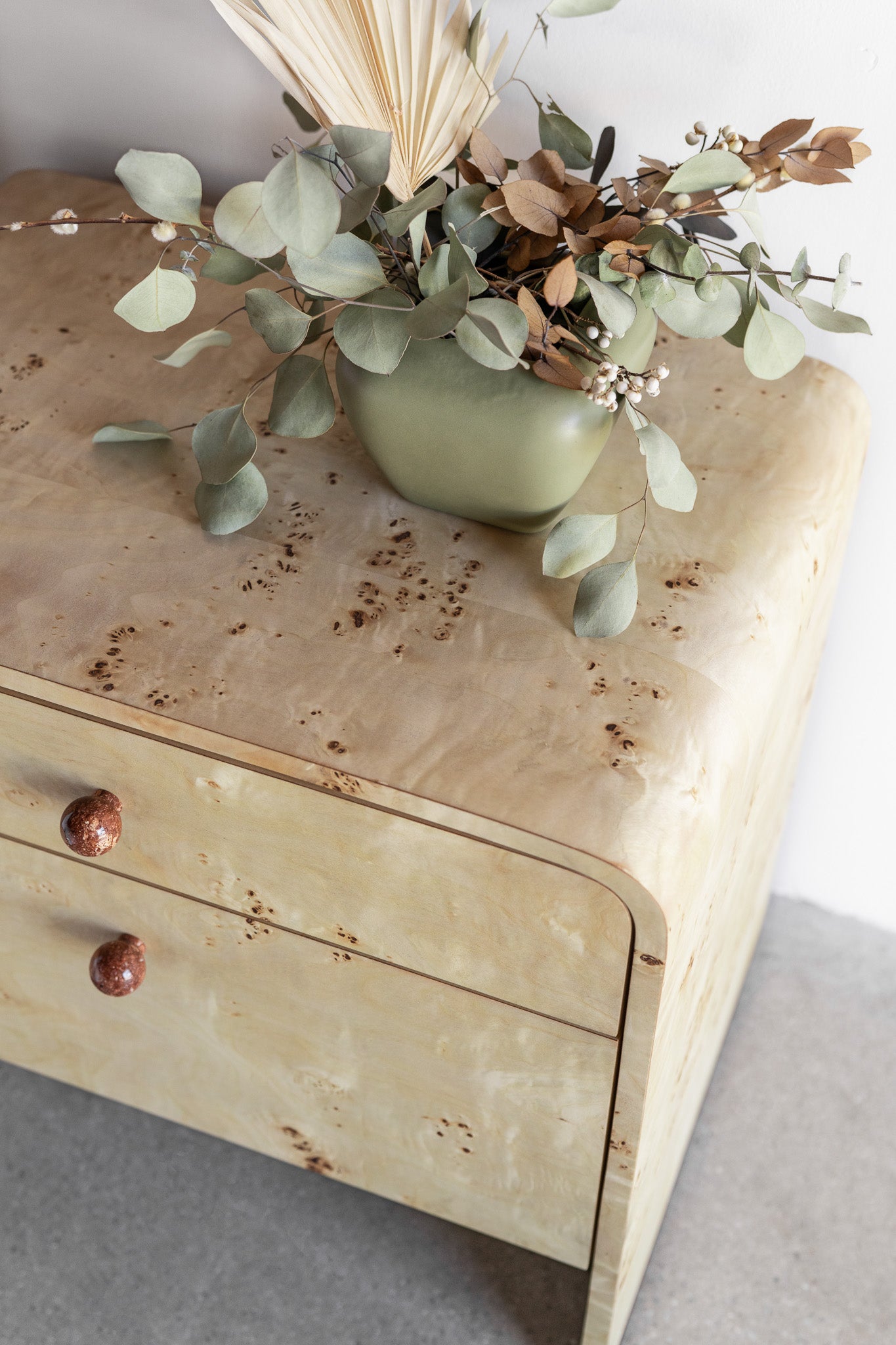 Solano nightstand- burl and steel legs