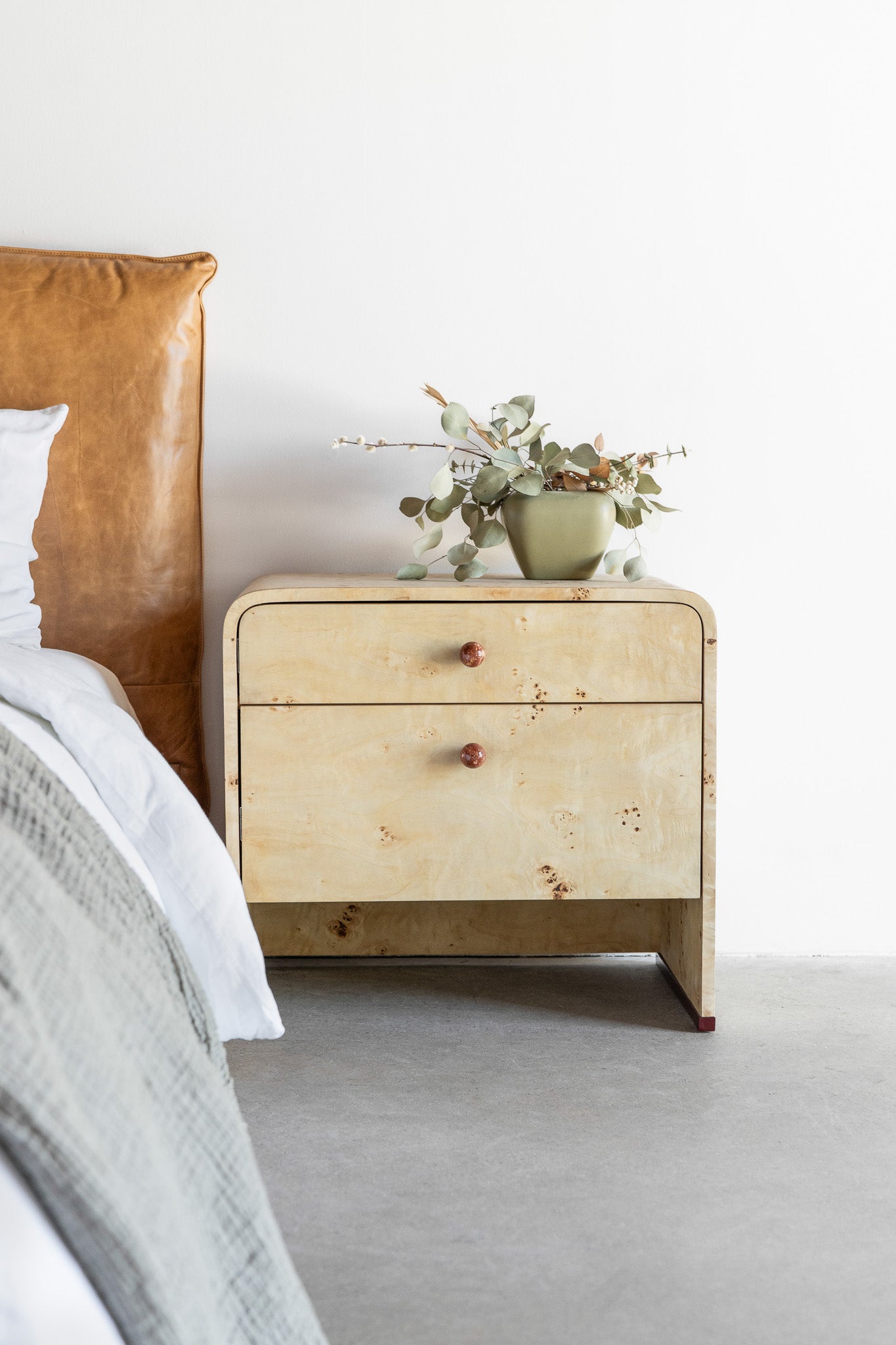 Solano nightstand- burl and steel legs 