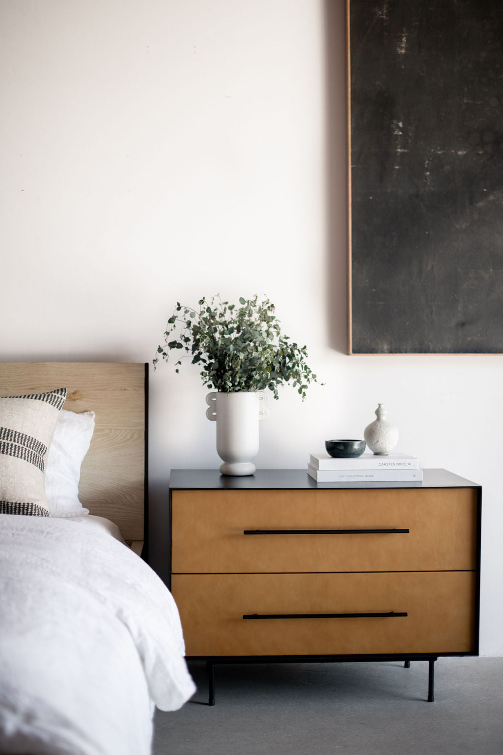 Bronson Nightstand- Full shot of nightstand with all metal casing with leather drawer faces 