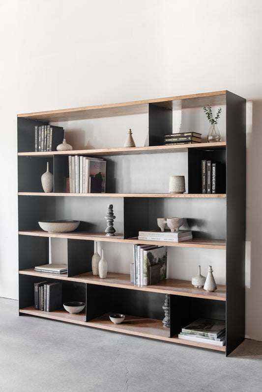 Bronson Bookcase - Right side shot of metal and wood bookcase 