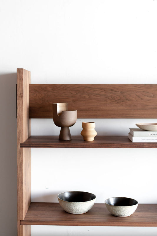 Carter Bookcase - Walnut bookcase, top left styled shot 