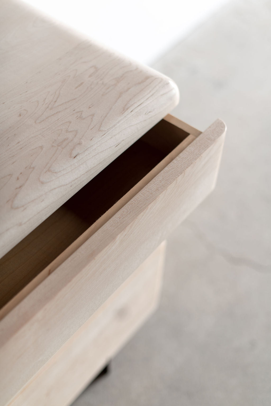 Carter dresser- bleached maple wood drawer close up 