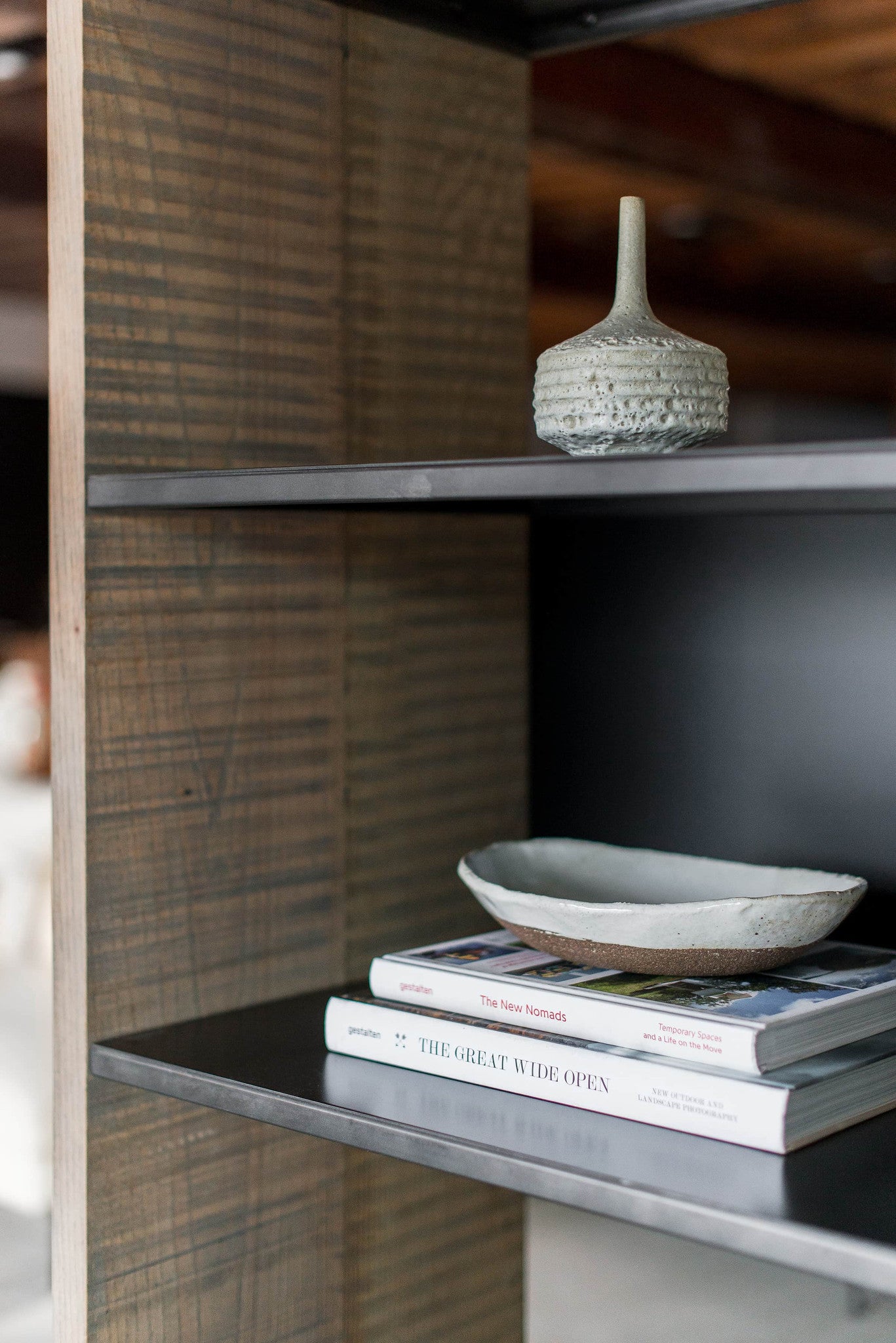 Arden Bookcase- metal and wood bookcase Right side close up