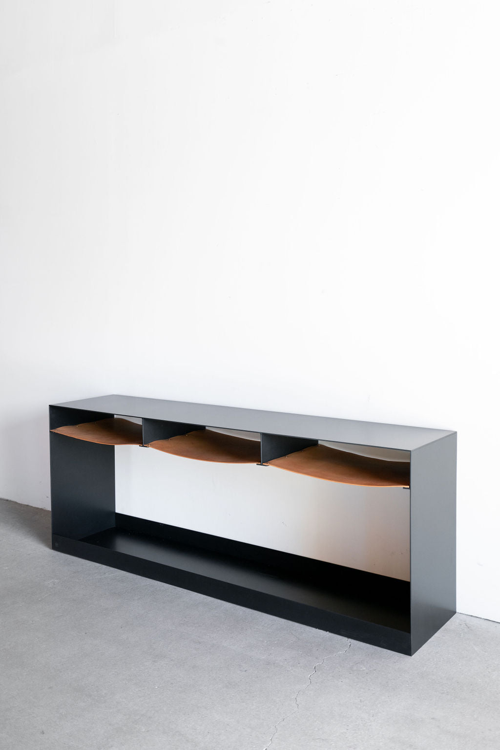 Latigo console - steel frame with leather shelves