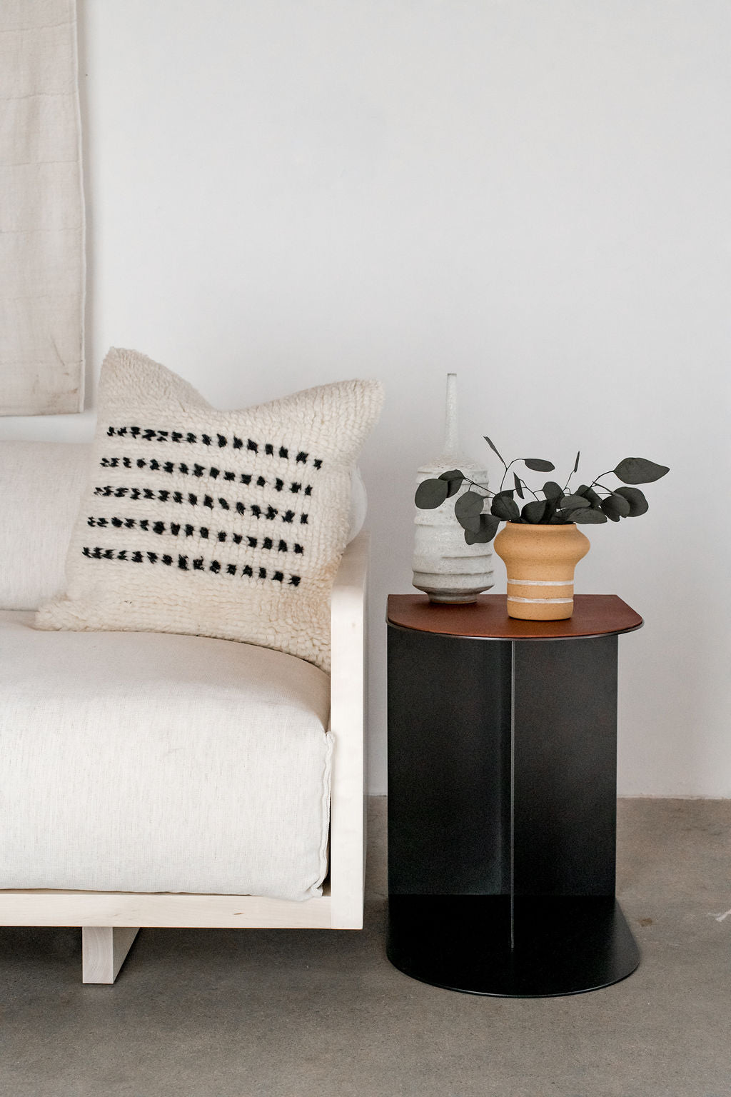 norah side table - steel accent table with leather, styled